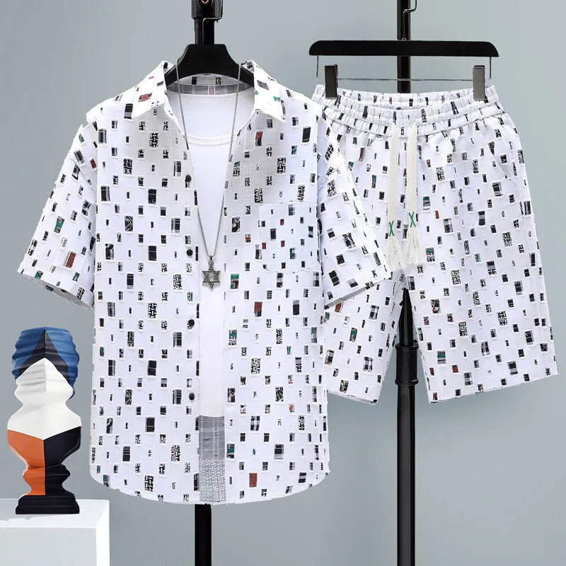 Men's grey casual short sleeve top and matching shorts two-piece set on a hanger.
