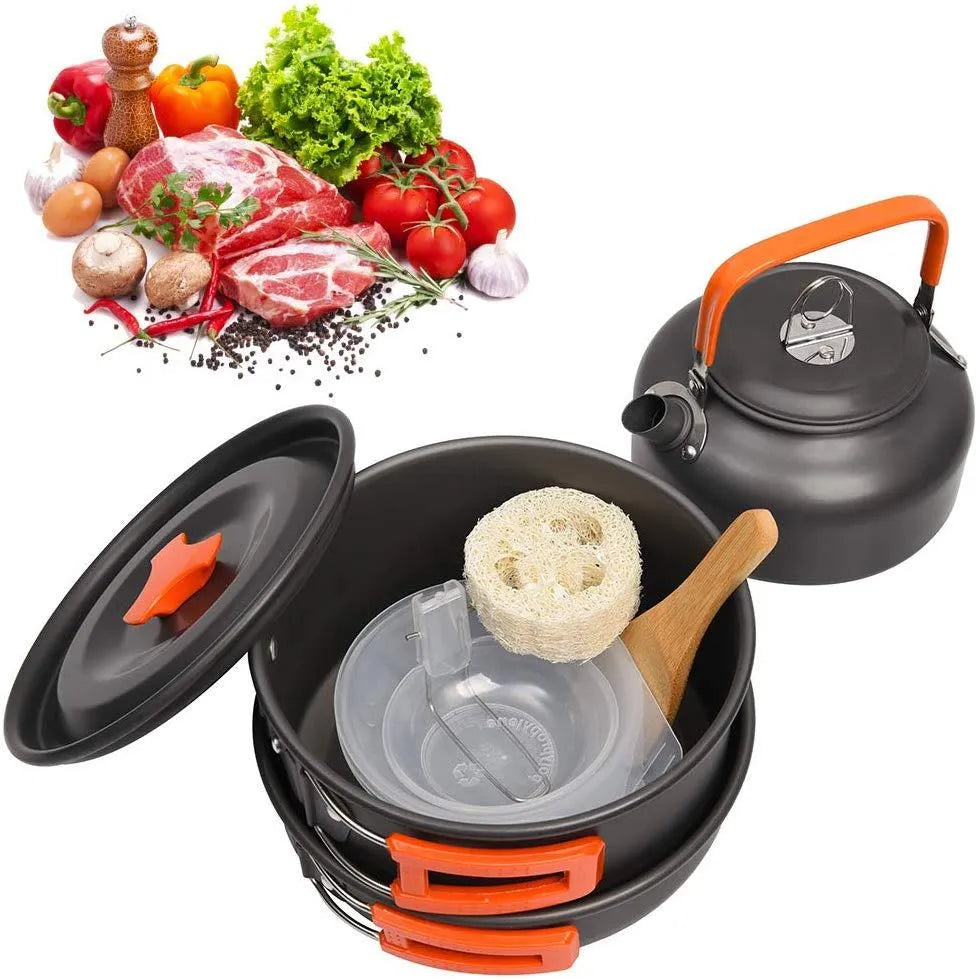 Orange travel picnic tableware folding camping cookware set with aluminium pots, pan, and utensils in mesh bag