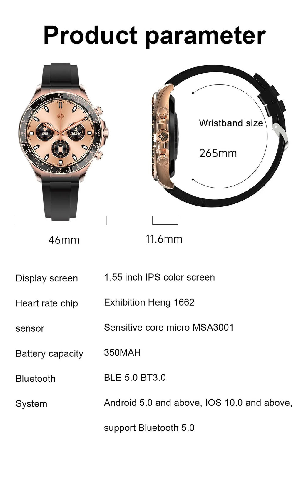 Round screen smart watch EX108 in black silicone with three straps showing Bluetooth calling interface