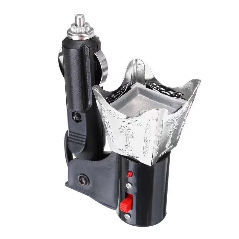 Classical style iron incense burner with electroplated finish and 12V car adapter.