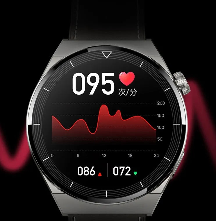 Round Android smart watch with black silicone strap showing NFC and Bluetooth calling features on its screen.