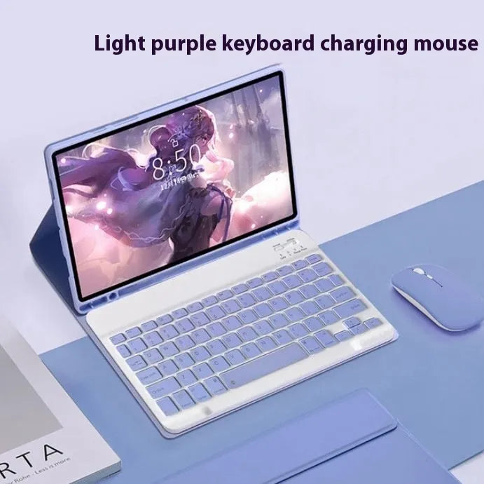 Samsung Galaxy tablet in a TPU protective case with a matching Bluetooth keyboard and charging mouse.