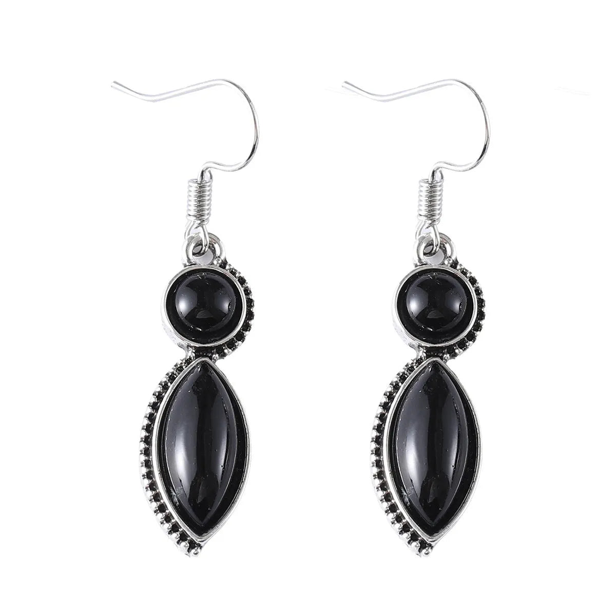 Geometric vintage earrings with black and purple gemstone accents in bohemian style