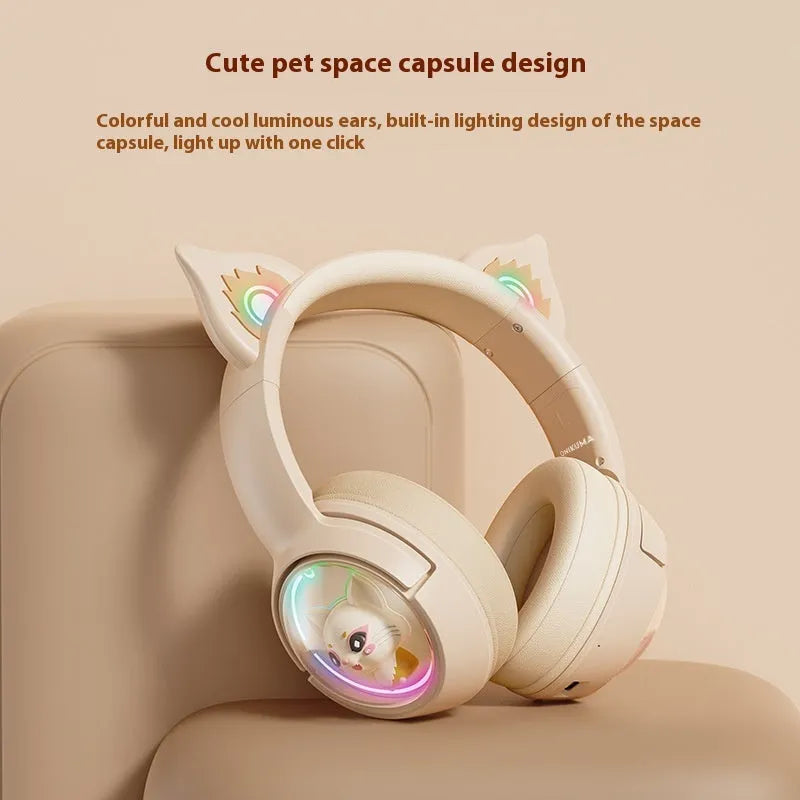 Pink Bluetooth headset with over ear design and breathing light