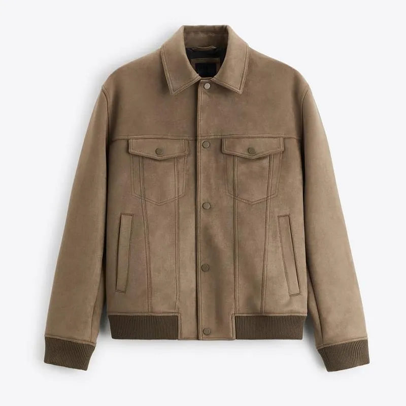 British-style suede velvet commuter jacket in mink brown and light grey colours with long sleeves