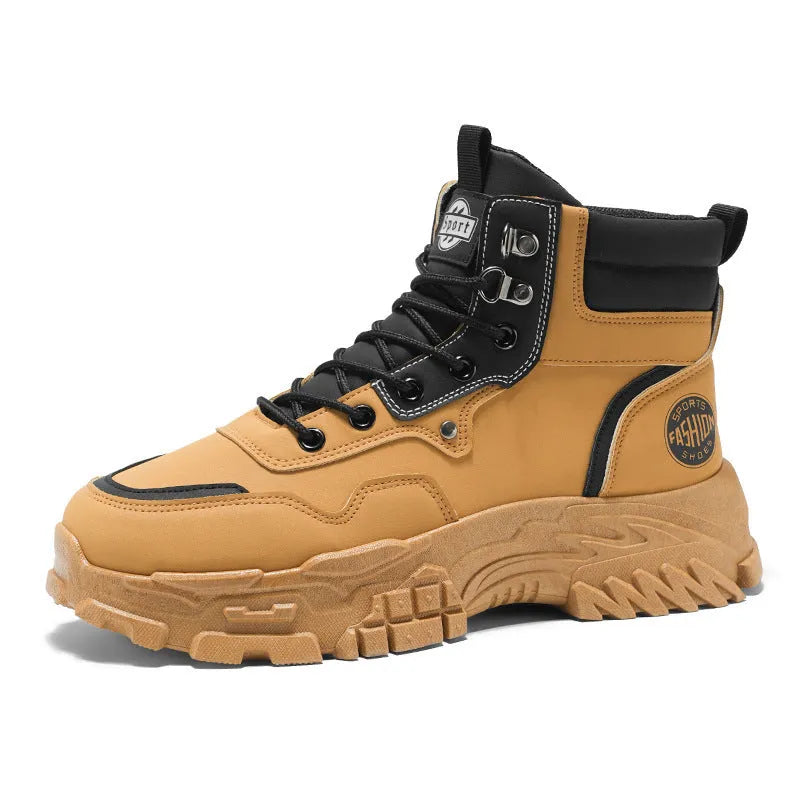 Men's black and yellow high-top Martin boots with a mid heel and injection moulded sole