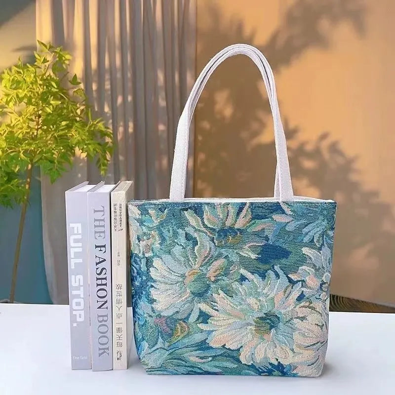 Double-sided gold wire embroidery canvas tote bag in small, medium, or large size with inner bag.
