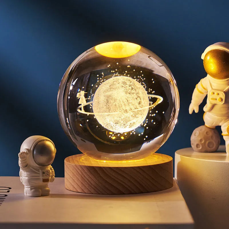 3D crystal ball night lamp with starry sky planets and moon projection on wooden base