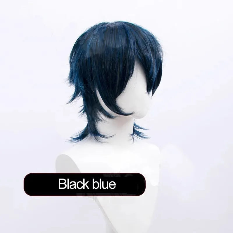 Short red anime-style cosplay wig with a straight, lengthened hair tail on a wig stand.