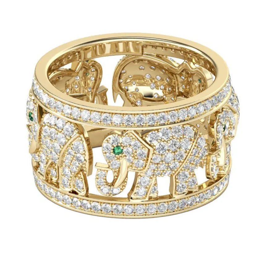 Alloy elephant ring with full diamond pave design shown in two colour options with size indicators
