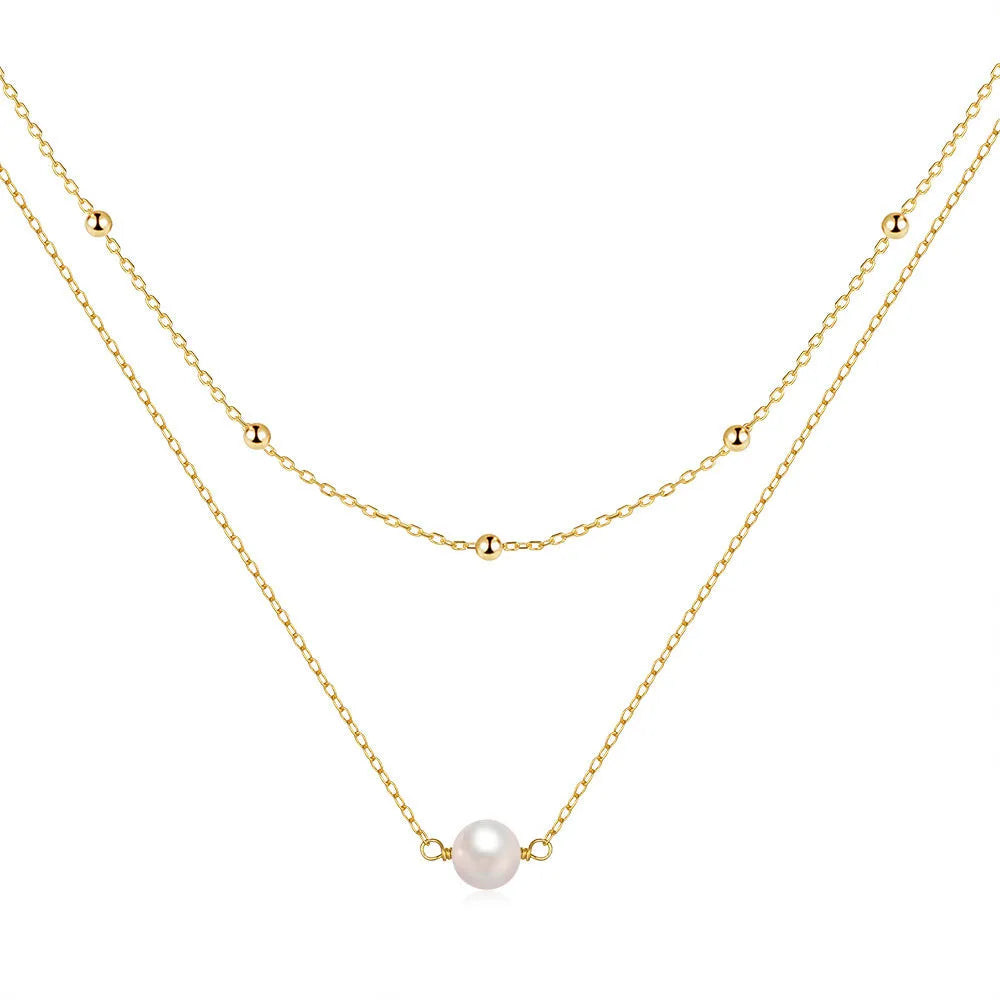 S925 sterling silver double layer necklace with twin pearls on geometric pendant and ball bead chain