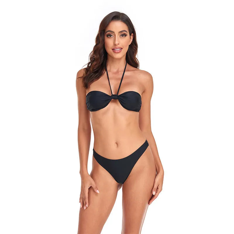 Black women's bikini set with lace-up tube top and briefs in polyester swimwear