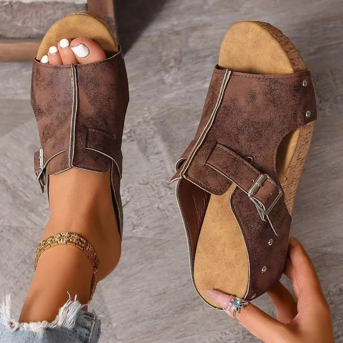 Plus size wedge sandals with rivet detailing, fish mouth toe, in black colour option
