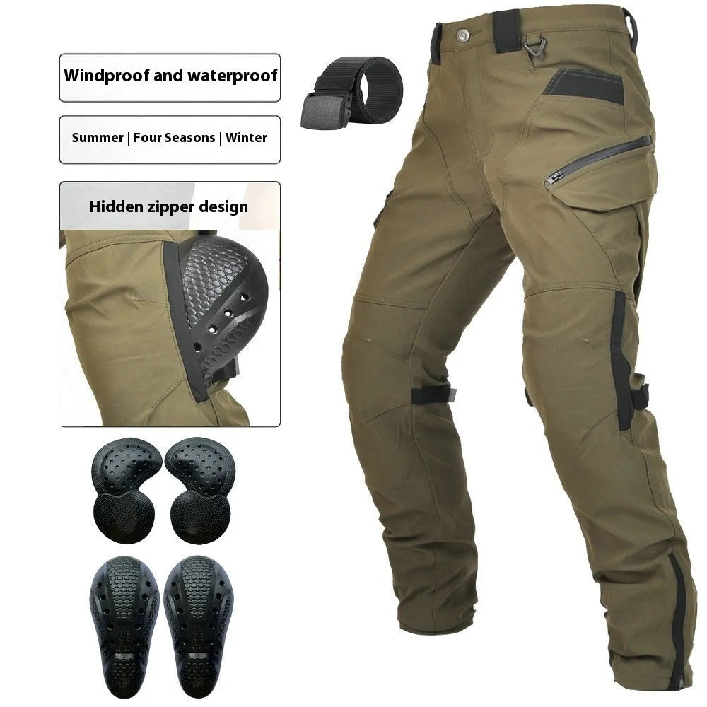 Men's green waterproof motorcycle trousers with belt and protective knee pads laid out flat.