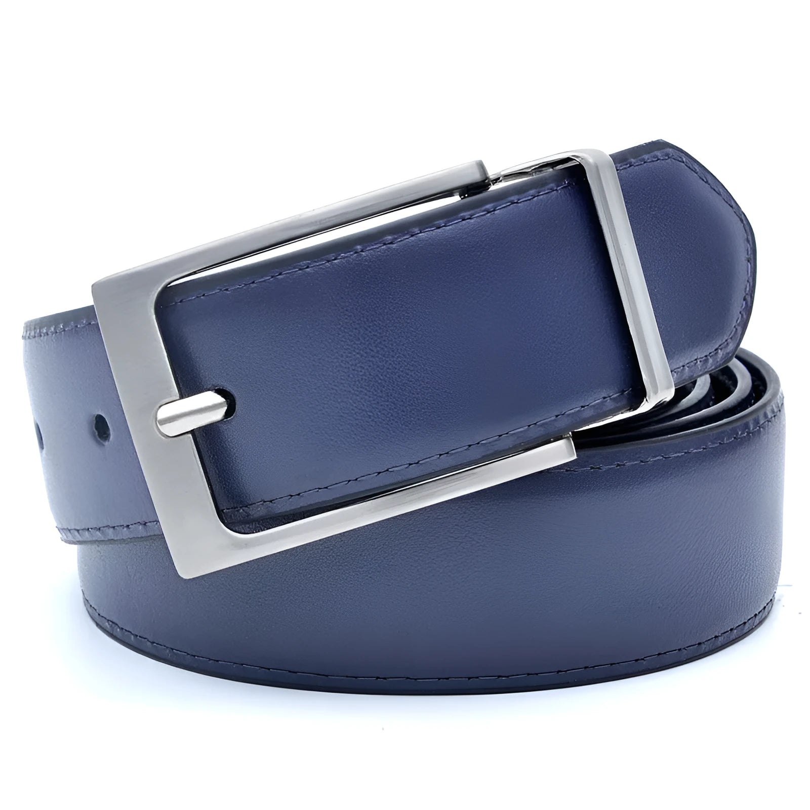 Men's dark brown and black genuine leather belt with rotating metal pin buckle showing length options