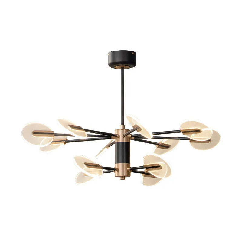 Nordic style iron frame LED chandelier with multiple acrylic lamp shades suspended.