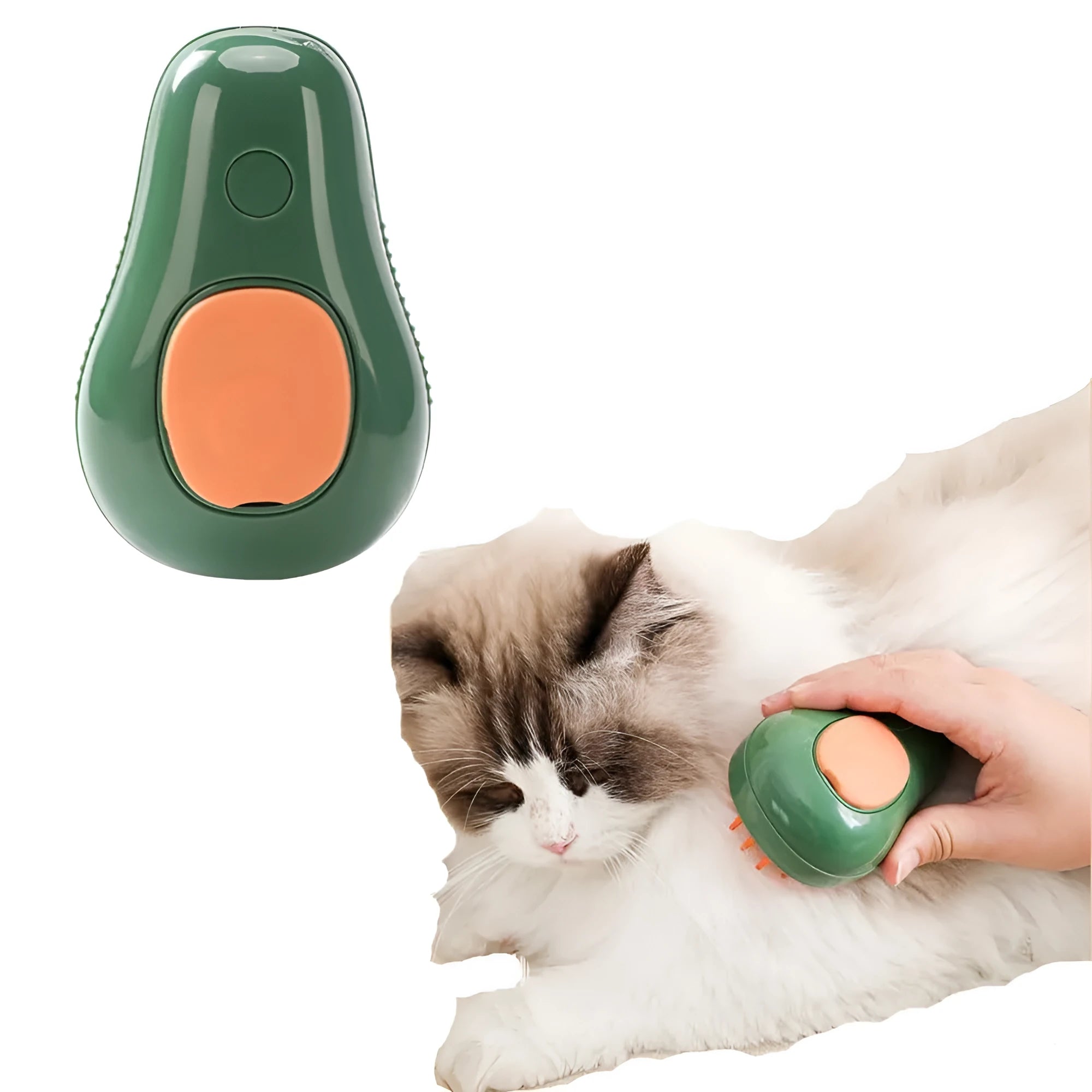 Green and white cat steam brush with water spray feature and silicone teeth for pet grooming