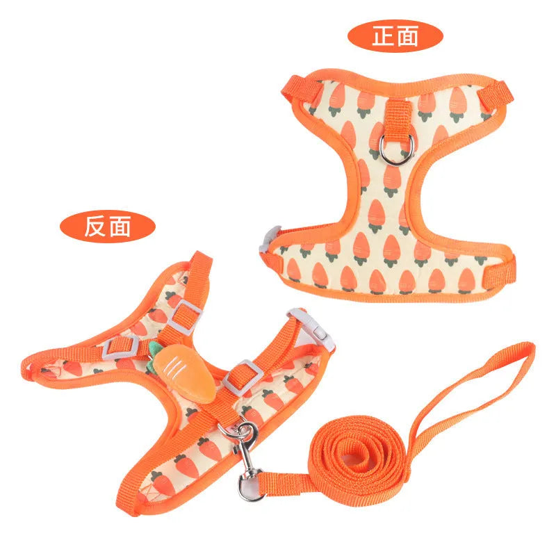 Reflective vest-style harness for small dogs with attached leash in avocado, carrot, and strawberry colours