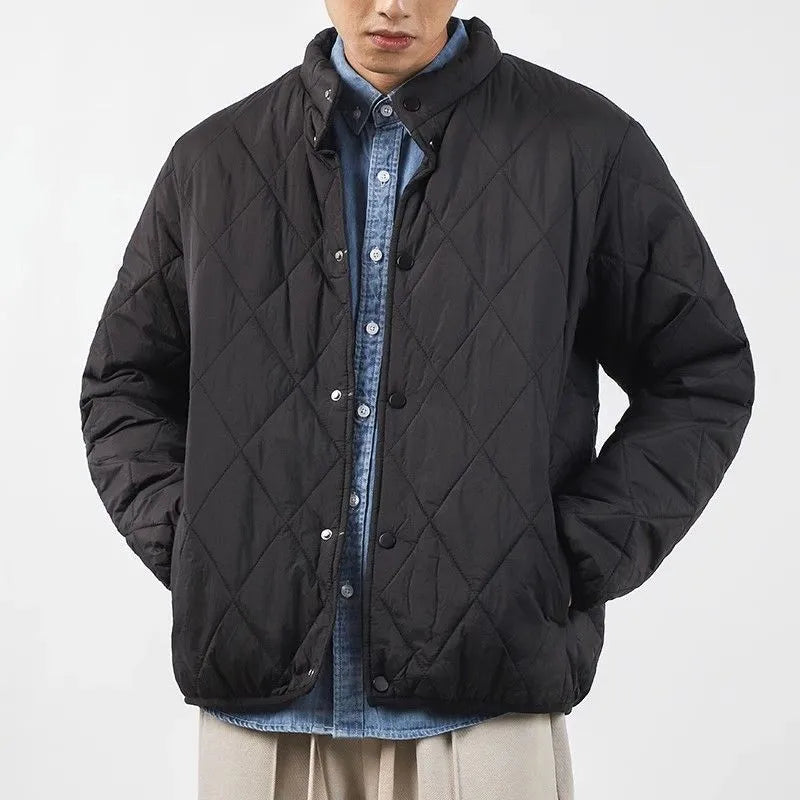 Men's black diamond quilted winter jacket with medium padding and 100cm length