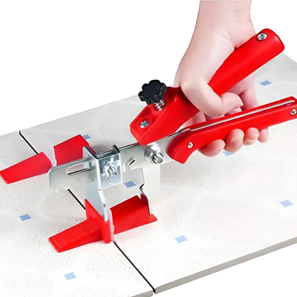 Red tile leveler aid with PVC handle and stainless steel clip measuring 23 by 11.5 centimetres