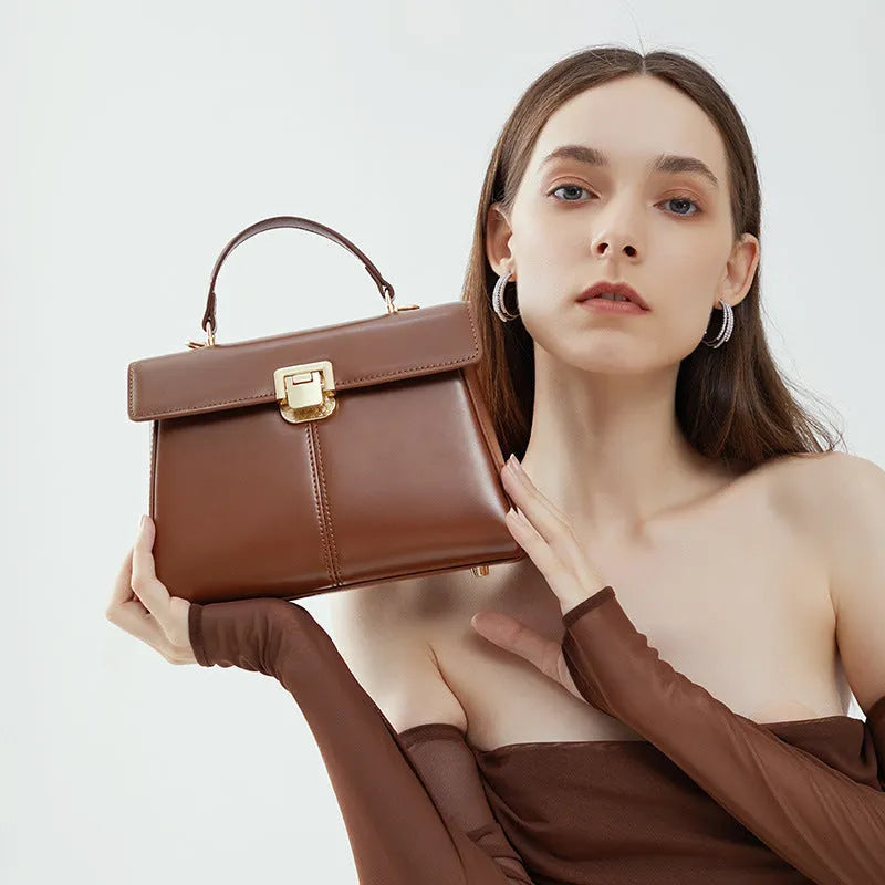 Women's genuine leather shoulder bag in horizontal square design with cover opening