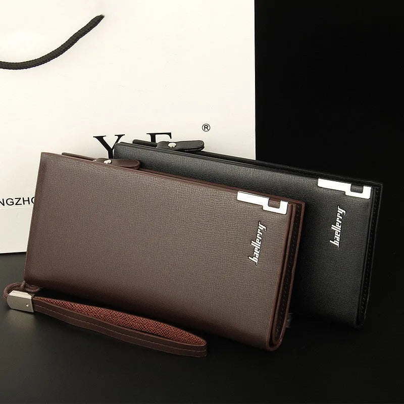 Men's black PU leather zipper wallet open to show 7 internal compartments.