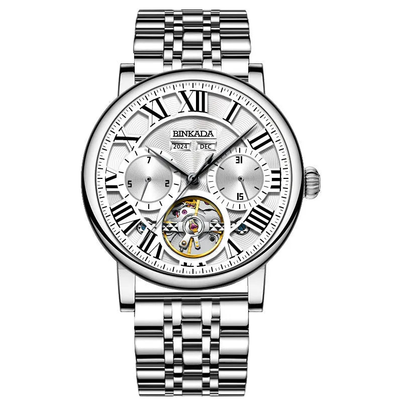 Multifunctional mechanical men's automatic waterproof watch with steel strip black bracelet