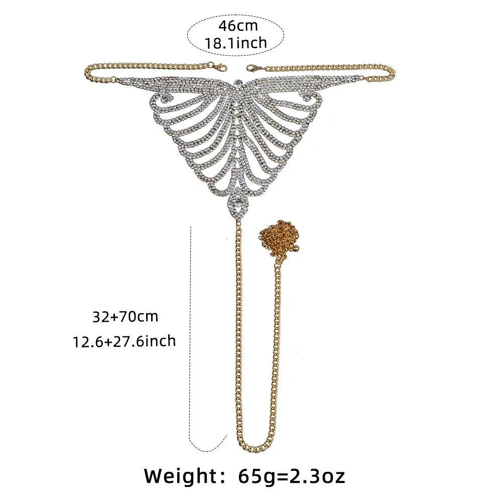 Women's gold and silver body chain set with bra and panty chains on a mannequin