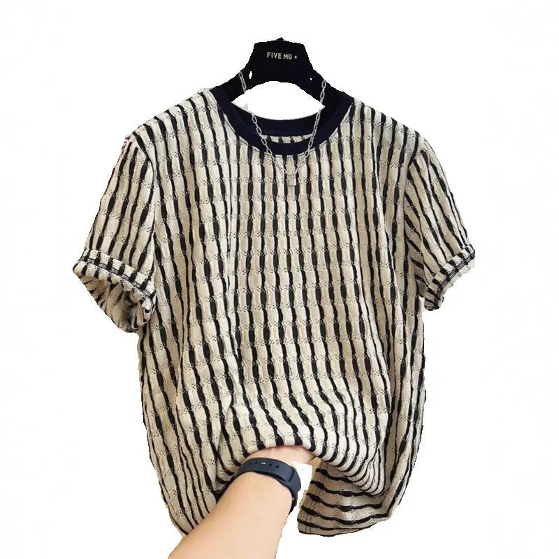 Black striped men's loose casual short sleeve pullover shirt made from linen and silk blend.