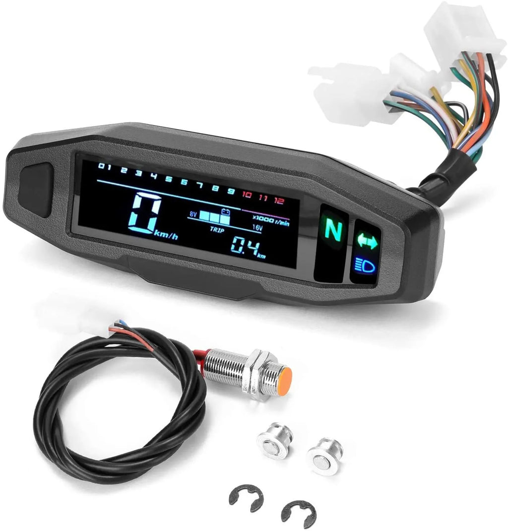 Black motorcycle mini LCD speedometer gauge showing speed, RPM, fuel and oil level on backlit screen