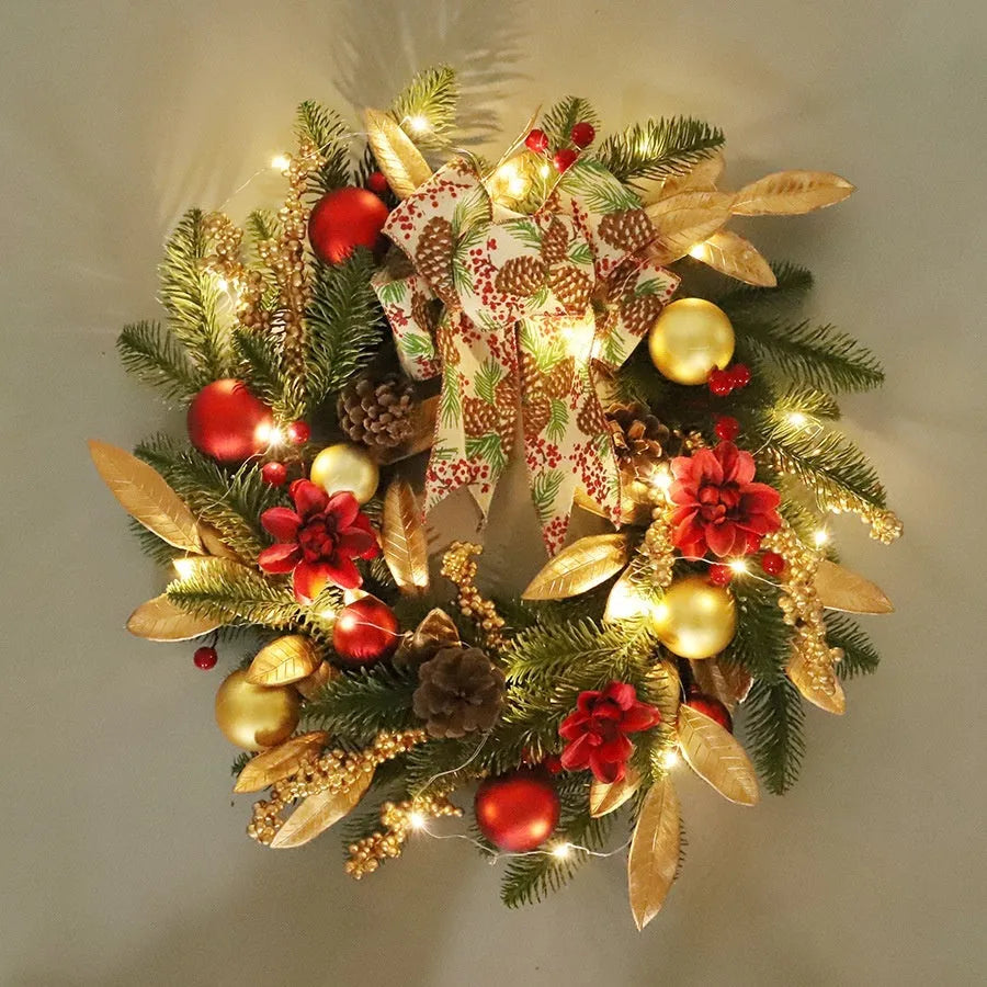 American country style plastic Christmas garland draped on a stair bannister with optional LED lights.