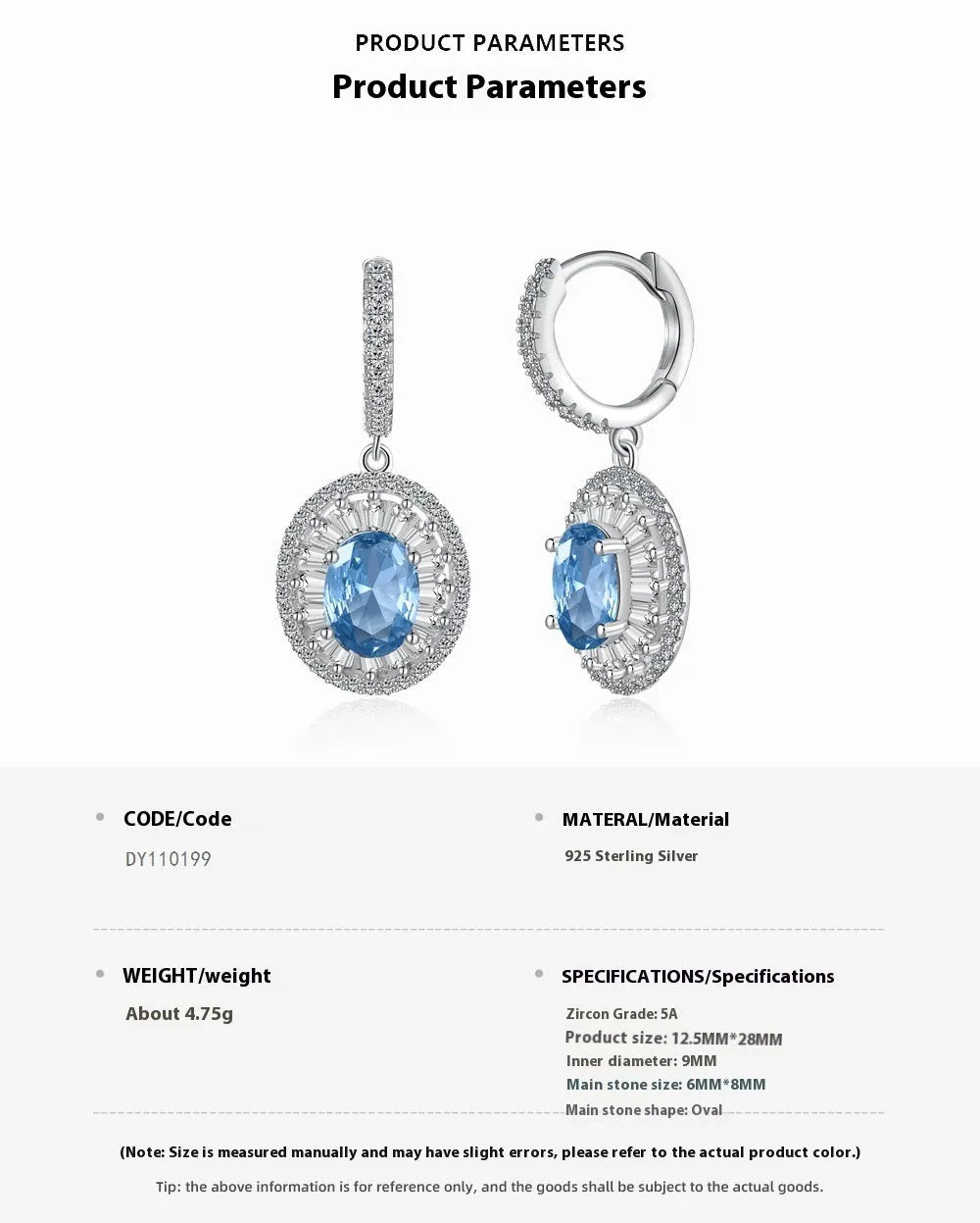 S925 pure silver aquamarine women's earrings with round and oval ring style elements on white background