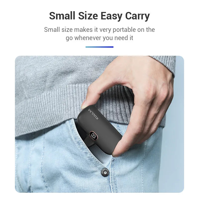 Pocket portable capsule power bank 5000mAh PD18W with LCD display, white, cylindrical alloy shell, built-in Type-C interface