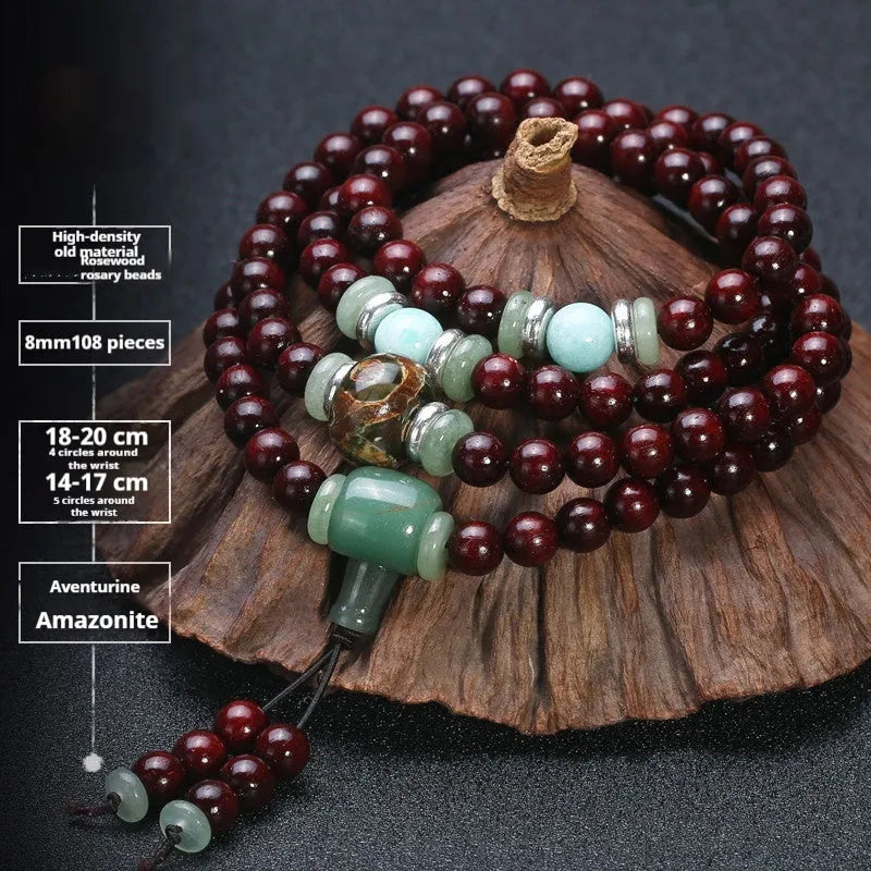 Traditional rosewood men's bracelet with 108 beads and Tibetan silver fittings