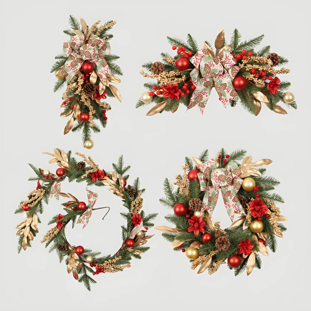 American country style plastic Christmas garland draped on a stair bannister with optional LED lights.