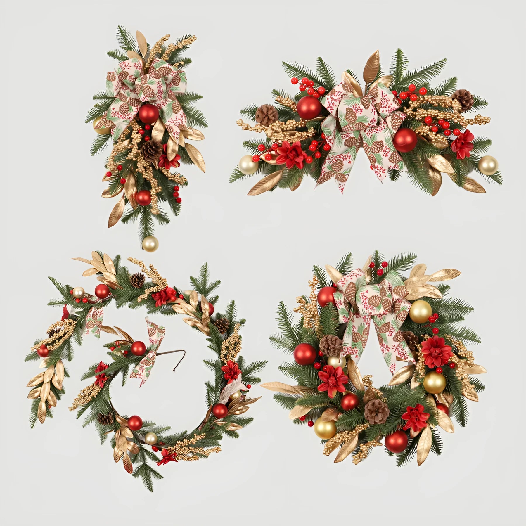 American country style plastic Christmas garland draped on a stair bannister with optional LED lights.