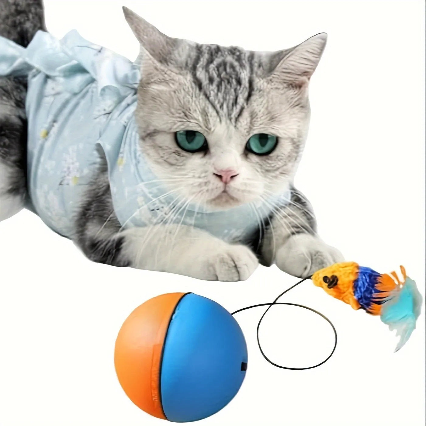 Interactive cat toy ball with plush mouse attachment in blue and orange colours