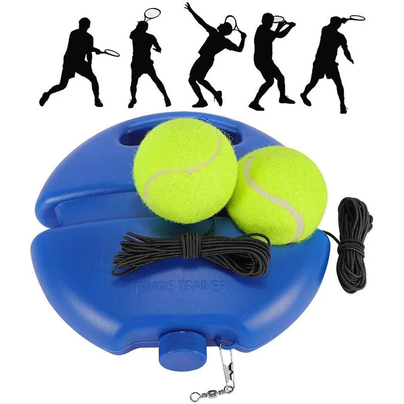 Blue round kettle tennis trainer with attached ball on line, chemical fibre construction, 20.5x20 cm size