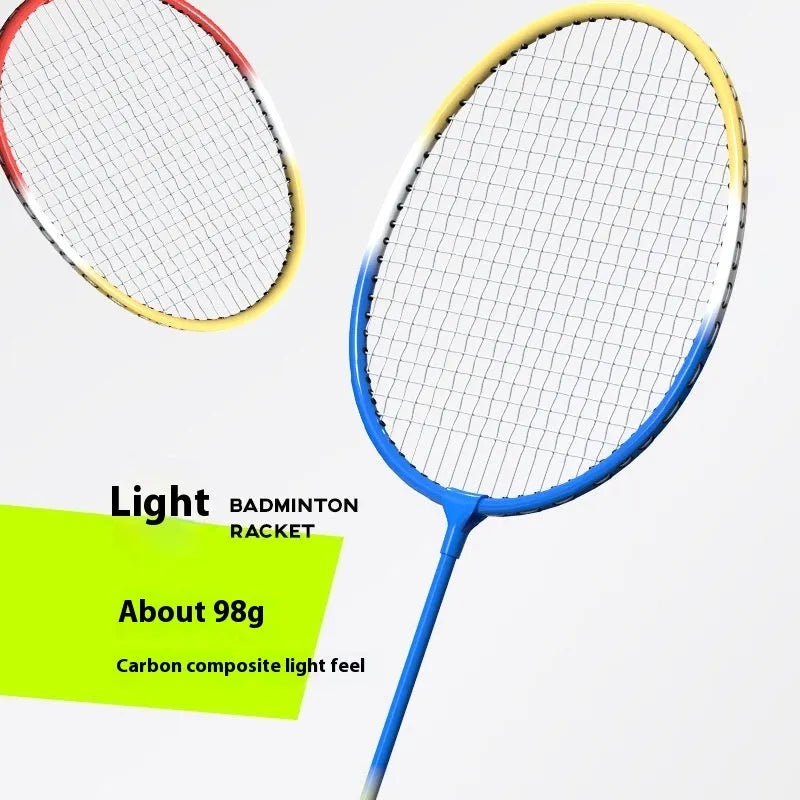 Ultra-light alloy badminton racket set showing blue and red rackets for recreational play