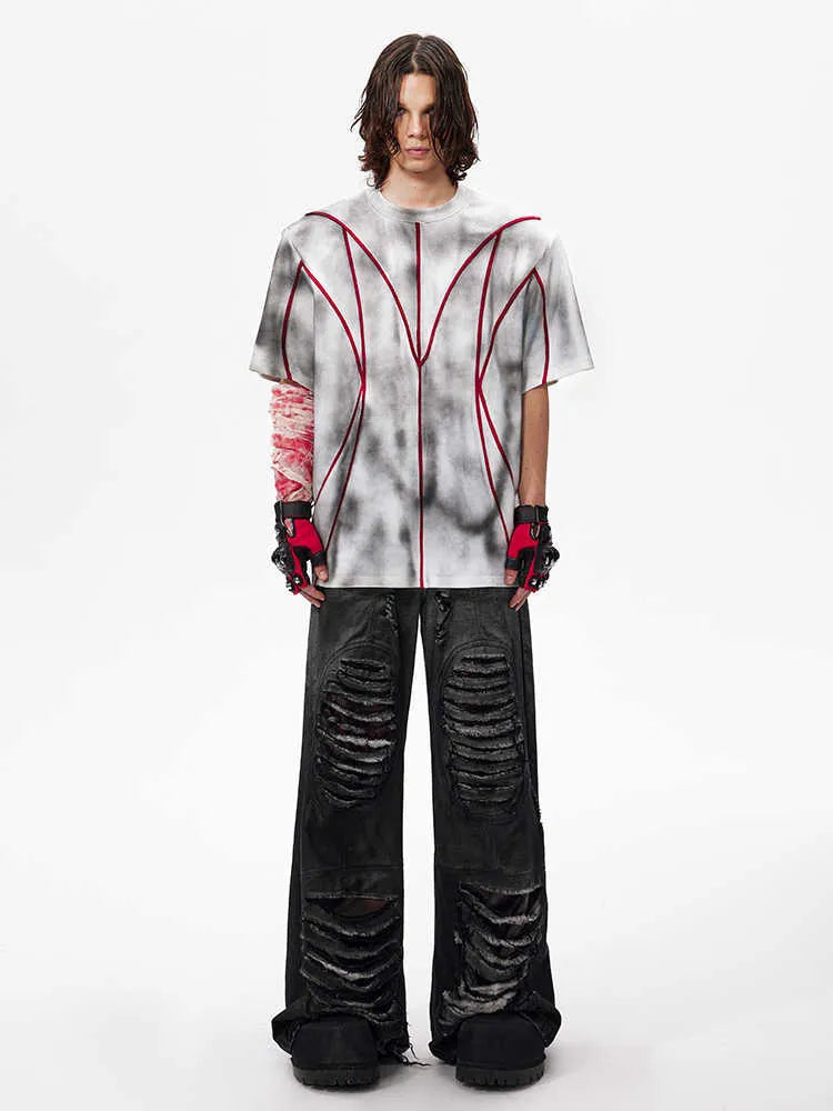 Women's padded shoulder t-shirt with three-dimensional line patchwork design on front