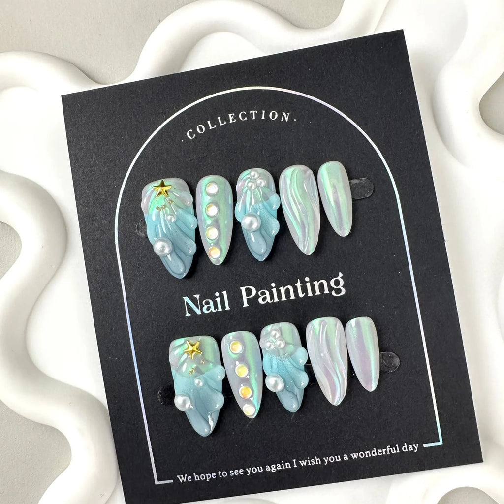 Blue plastic shell nail stickers set with four size options XS S M L