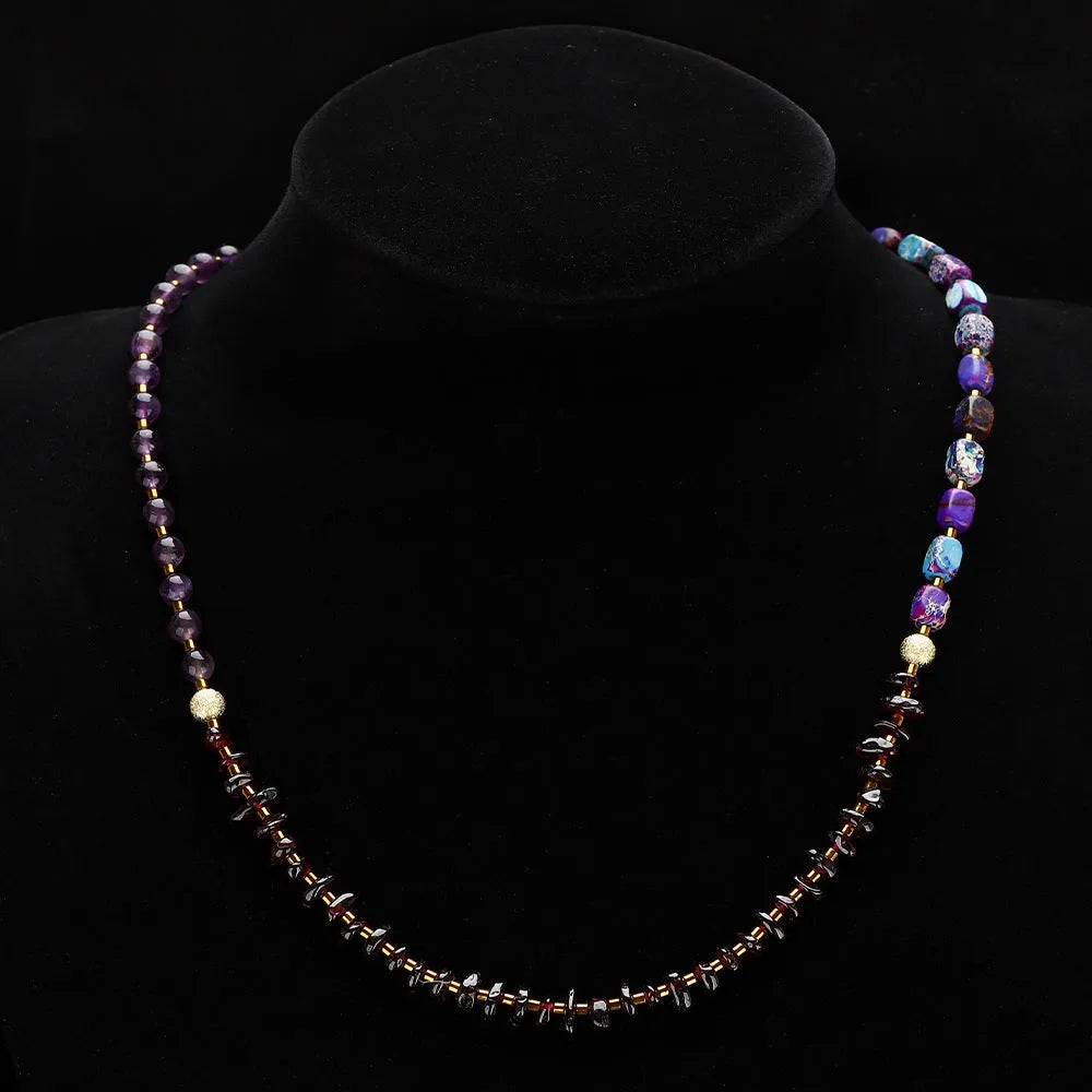 Natural amethyst round beads stone bracelet with garnet, purple colour, geometric shape, unisex style