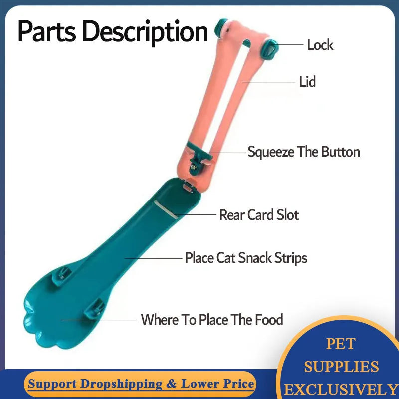 Green and pink pet food extrusion scoop with a squeezer dispenser for cat and dog treats