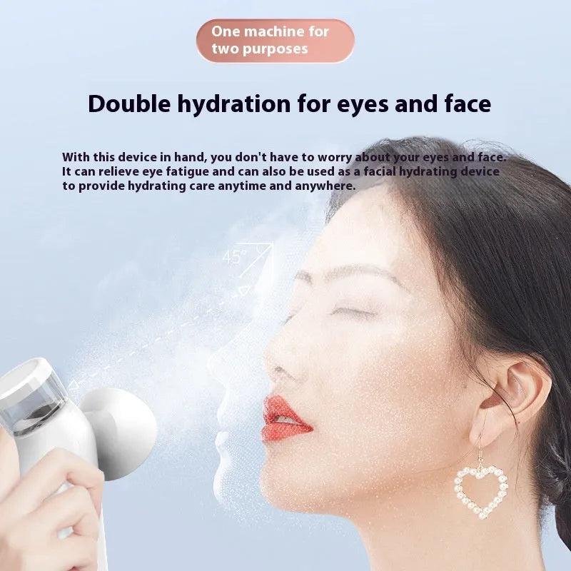 White portable heated eye mask with USB charging cable and atomising cleaning functions