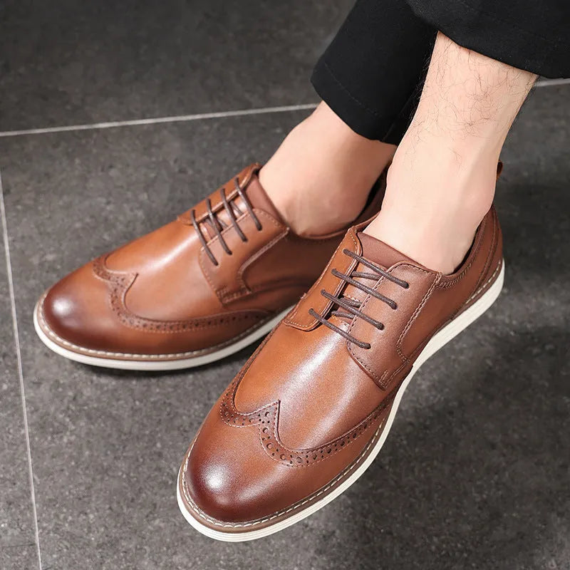 Men's black and brown slip-on business formal shoes with round toe and carved PU upper