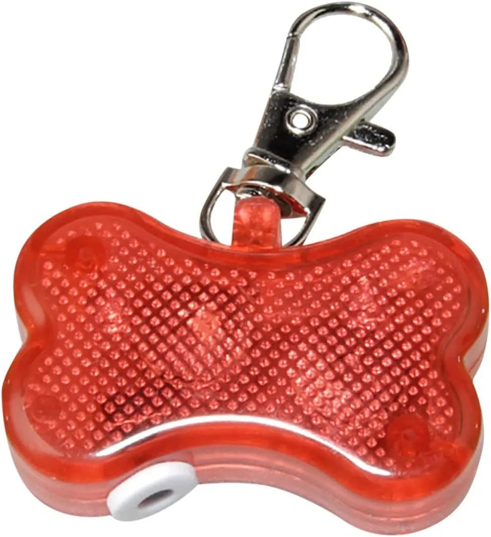 Blue LED luminous bone-shaped pendant for pet collars showing three light mode settings.