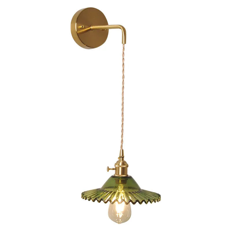 Retro brass wall lamp with a glass lotus shade in a choice of six colours on a copper base.