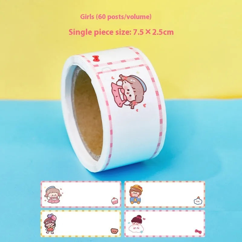 Roll of 60 cartoon name tape stickers showing dinosaur, astronaut, rabbit, and girl design options