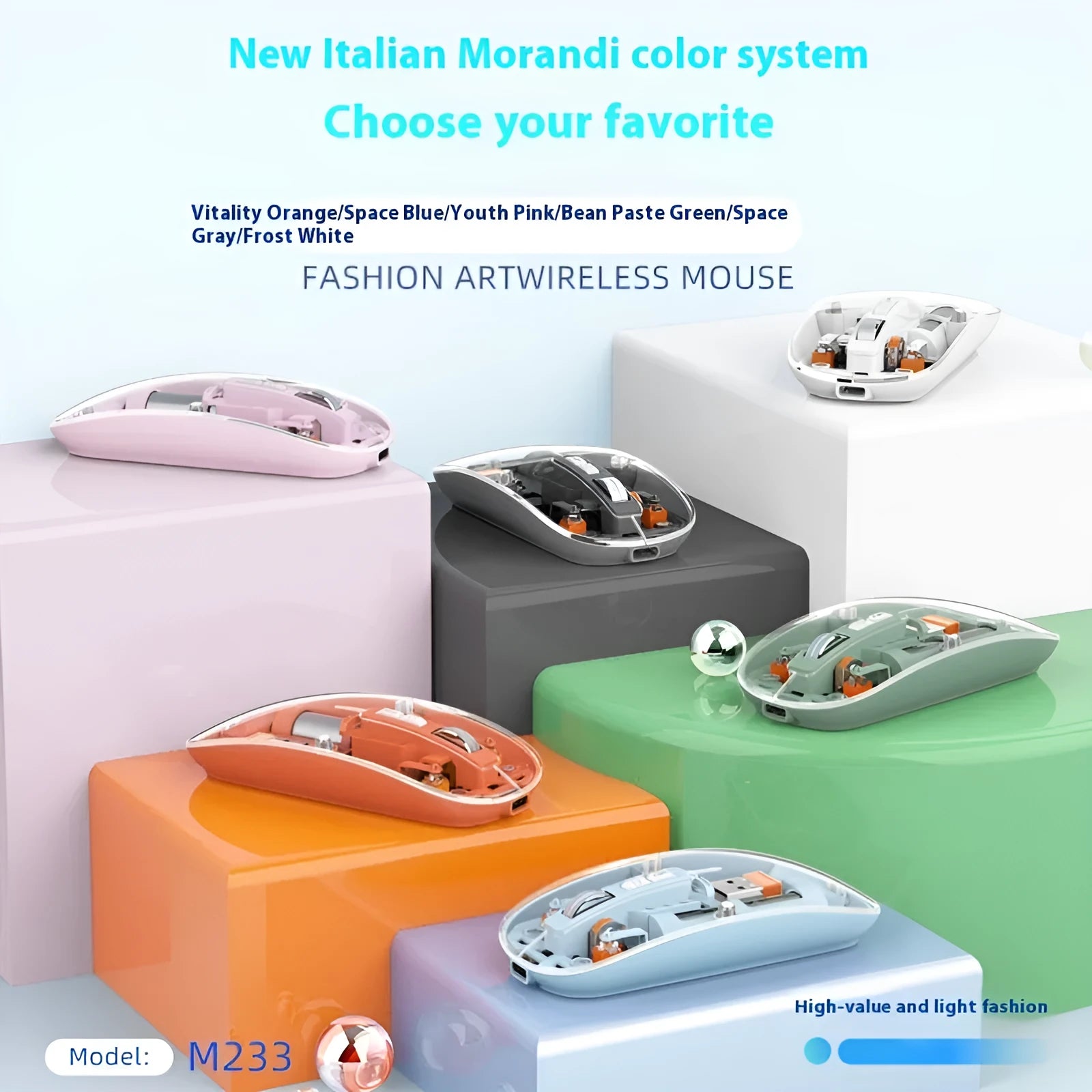 Transparent wireless computer mouse with USB receiver in multiple colour options.