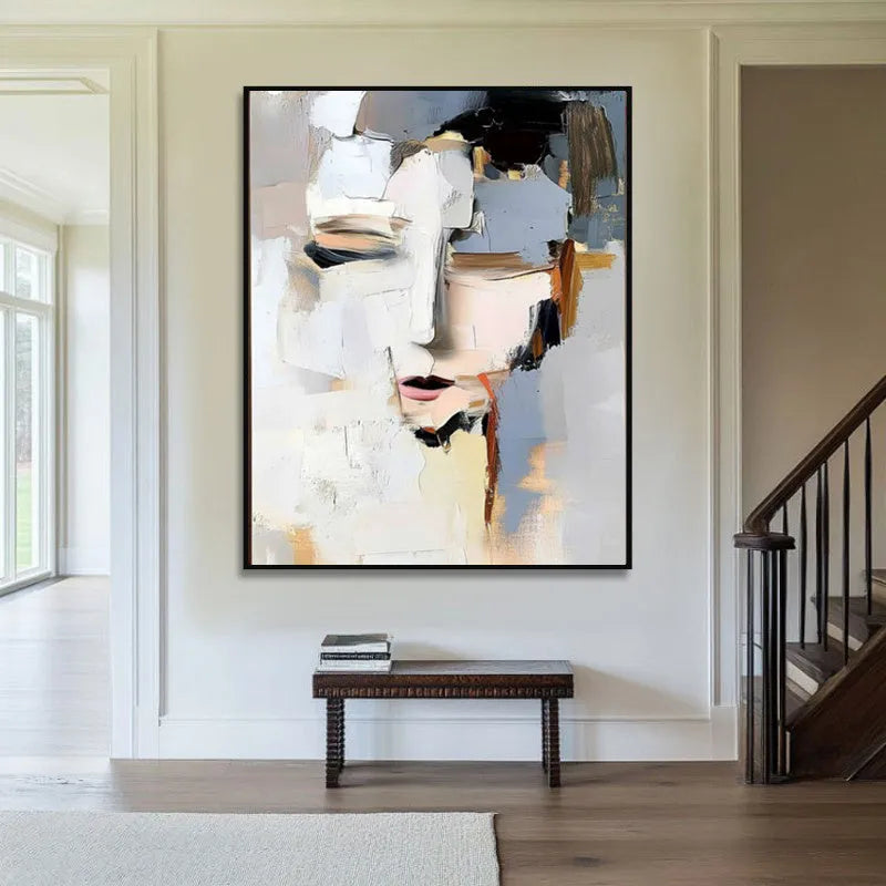 Abstract woman portrait hand-painted oil painting on canvas, black and white, modern wall art for living room